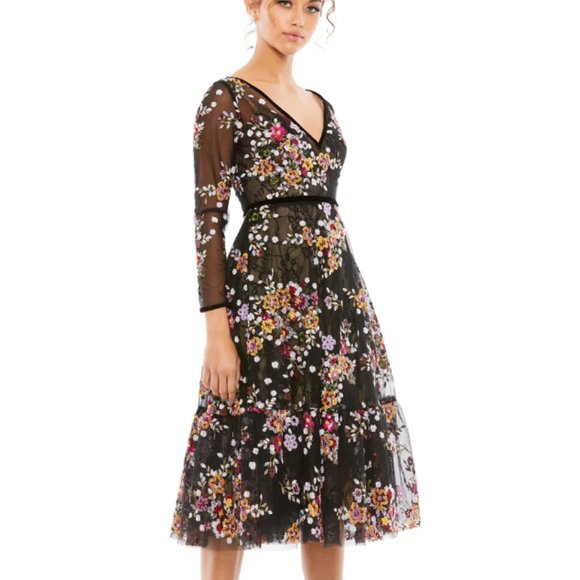 MAC DUGGAL 67499 BLACK MULTI EMBROIDERED TEA LENGTH DRESS sz 2 - Picture 1 of 5